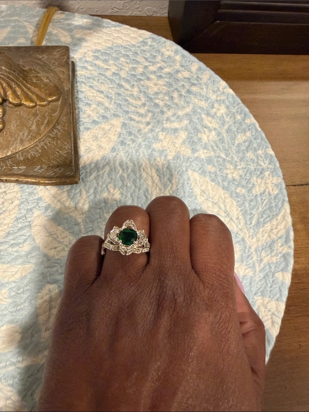 Green Gemstone Halo Ring in Silver Tone